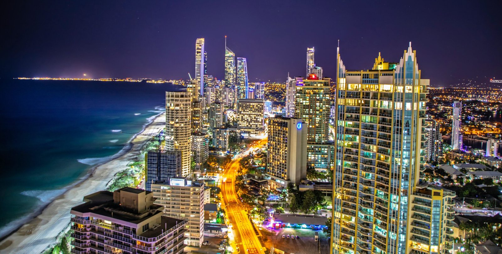 Gold Coast skyline and beach at night